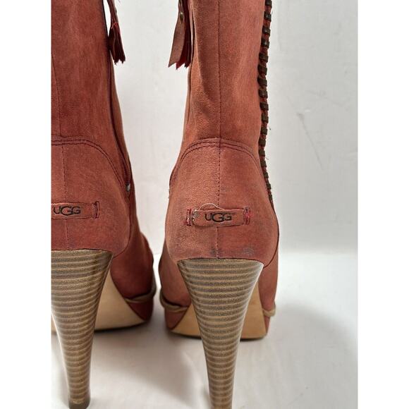 UGG Women's Bianka Boot Sz 8 High Heel Red Suede Sherpa Shearling Platform Boots - Picture 8 of 12